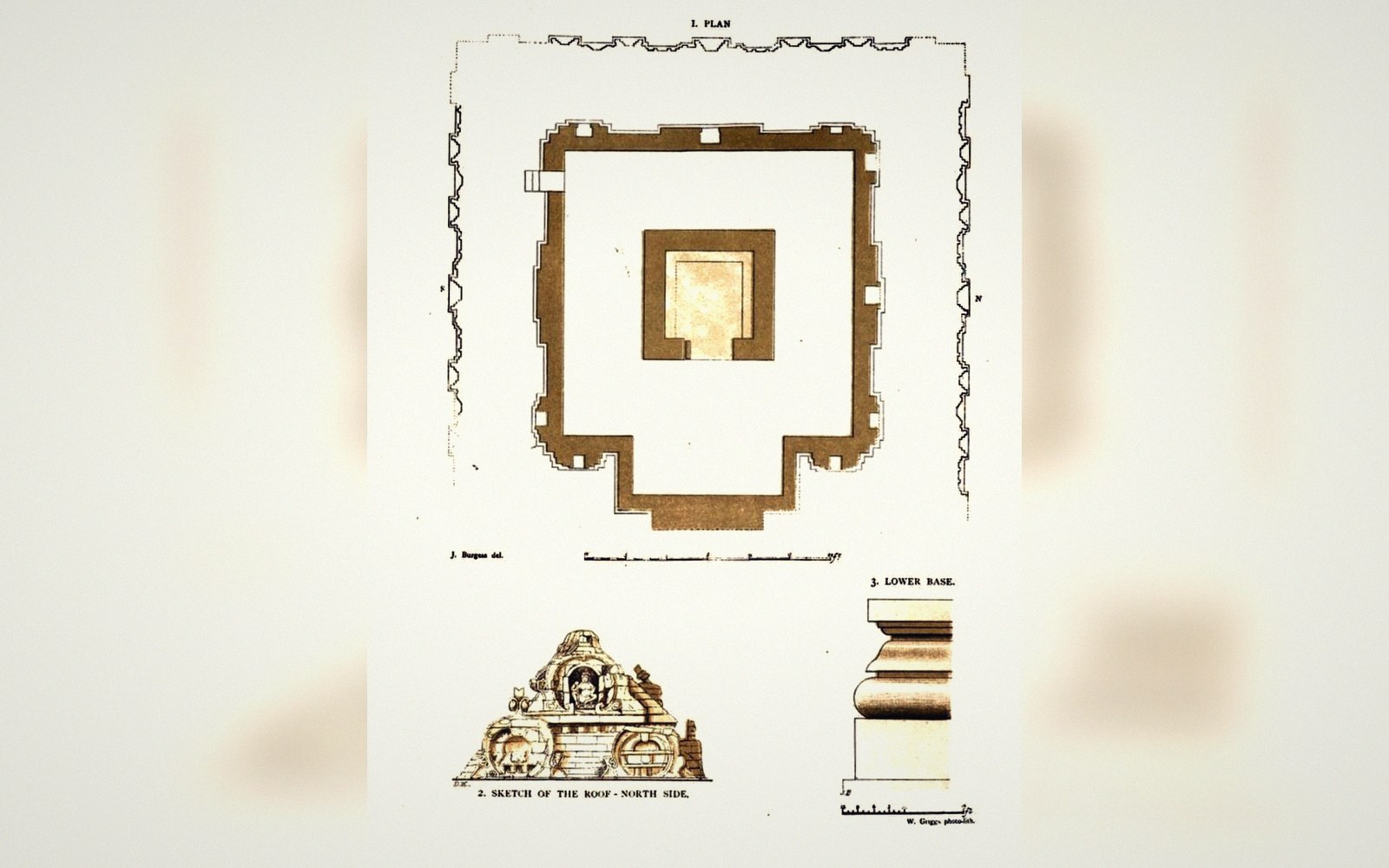 Architectural drawings showing a temple floor plan, roof sketch, and column base moulding