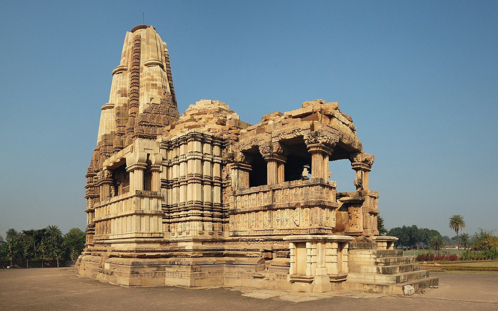 A stone temple wall in raking side light